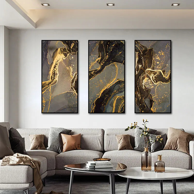 Modern Abstract Canvas Painting Gold Black Line Wall Art Posters and Prints
