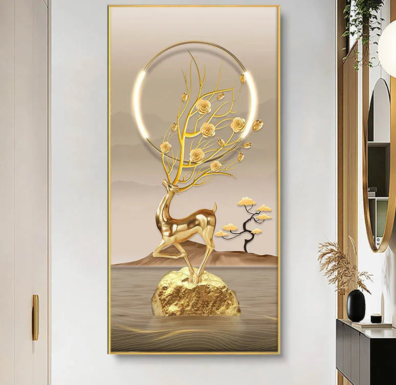 Golden Deer Decorative Painting Rich Tree Fengshui Aisle Entry Canvas Painting