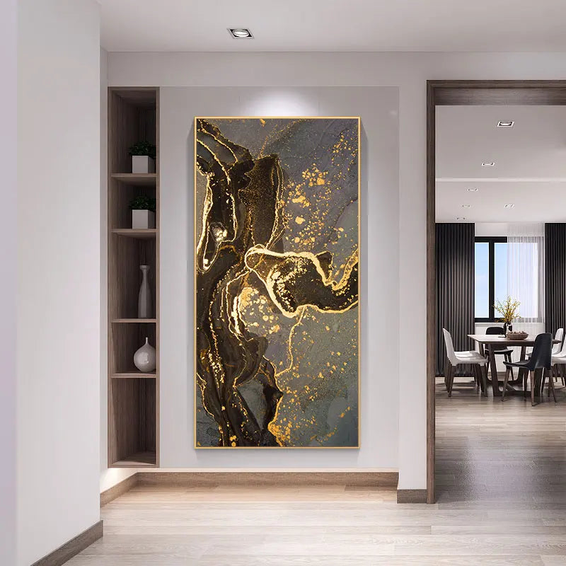 Modern Abstract Canvas Painting Gold Black Line Wall Art Posters and Prints